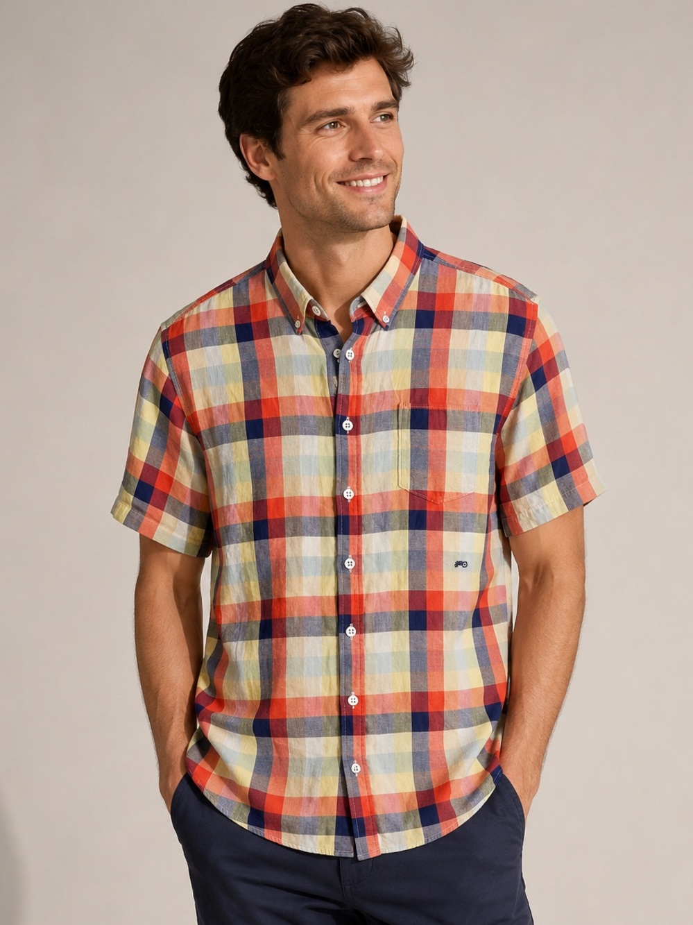 Moods of Norway Short-Sleeve Plaid Button-Down Shirt — Size M